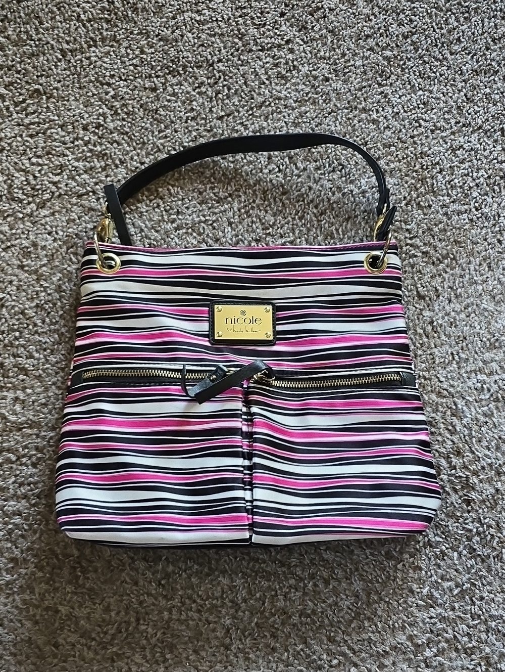 Nicole by Nicole Miller Pink Black White Striped Shoulder Bag